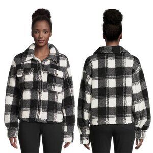 No Boundaries Jacket Juniors Sz XL (15-17) Black White Plaid Faux Sherpa Shacket